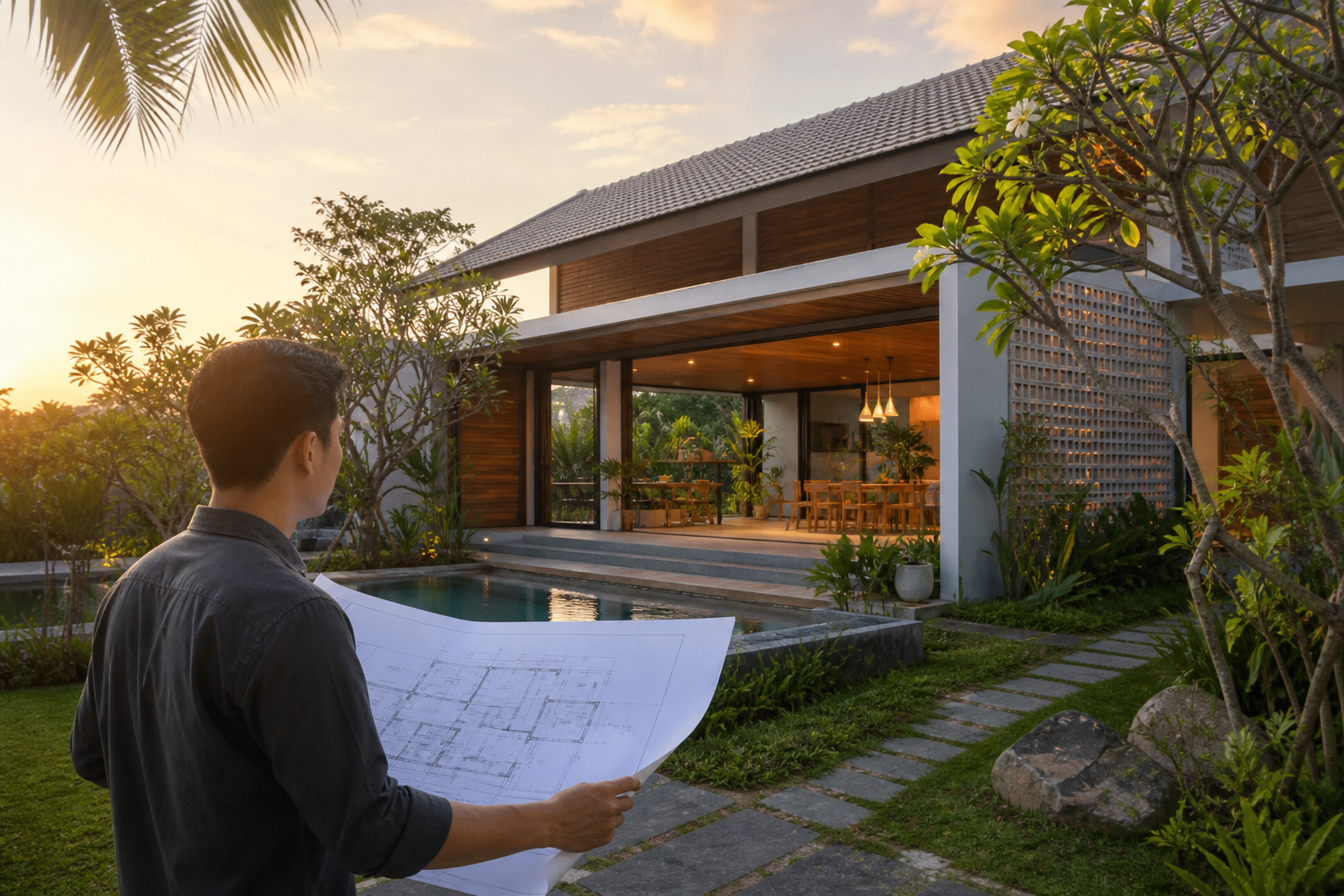 Kiến trúc sư khảo sát một ngôi nhà hiện đại nhiệt đới tại Việt Nam