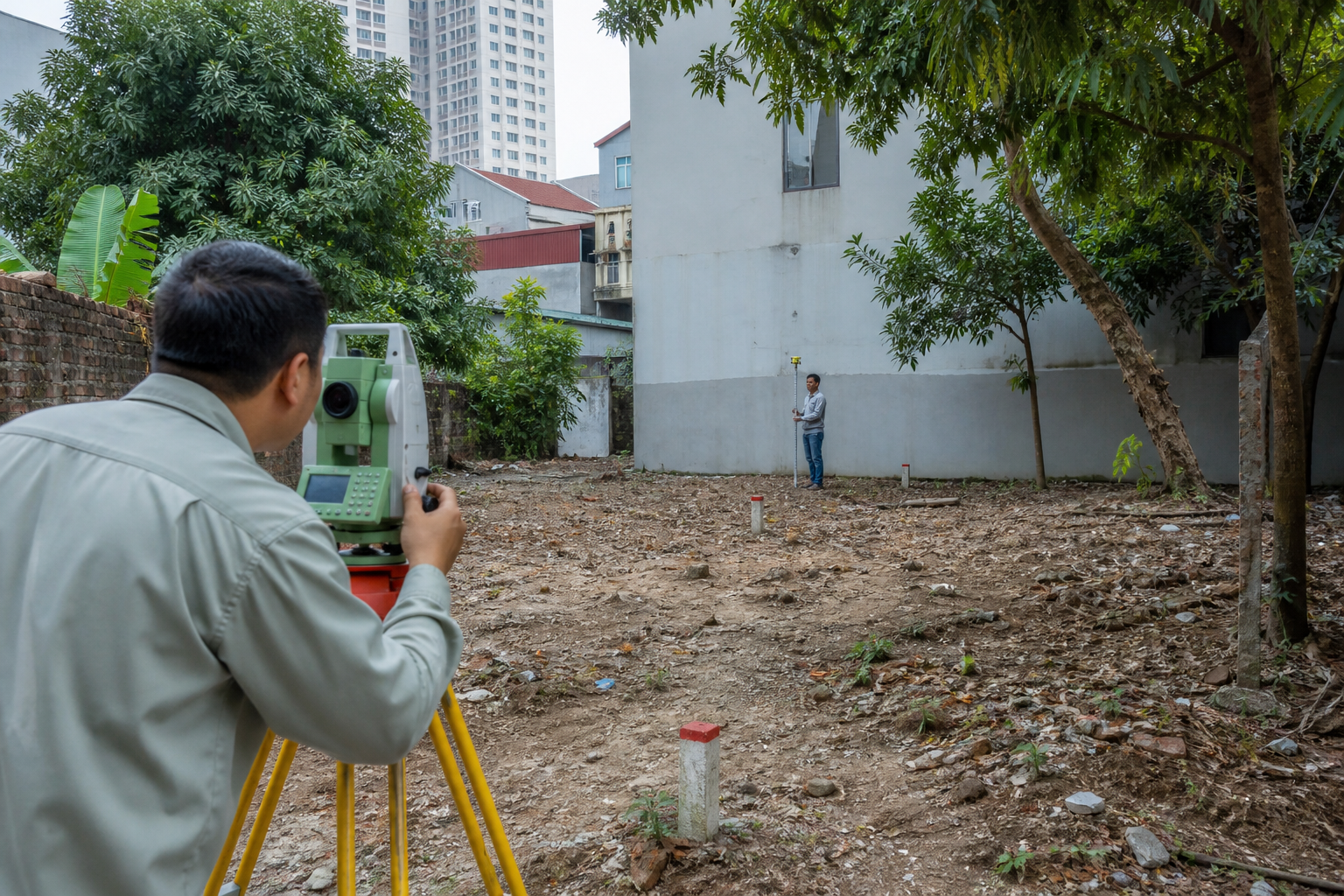 Kỹ sư dùng máy toàn đạc đo ranh và cao độ khu đất