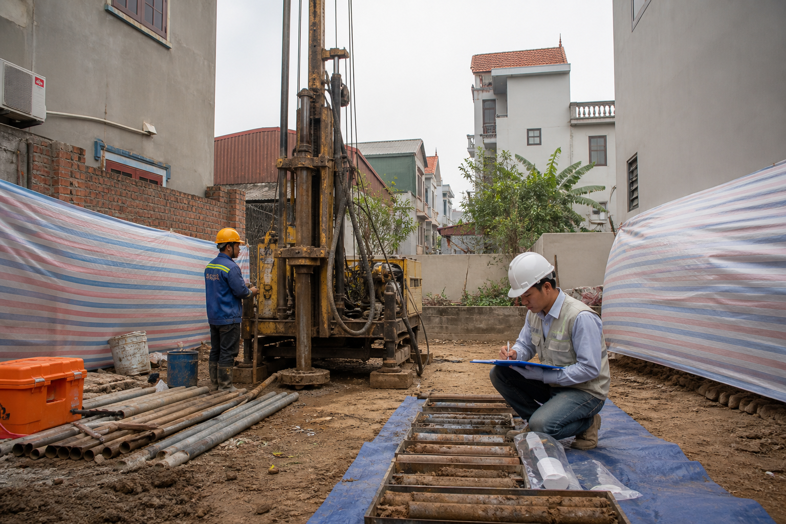 Khoan khảo sát địa chất và ghi nhận mẫu đất cho công trình nhà ở