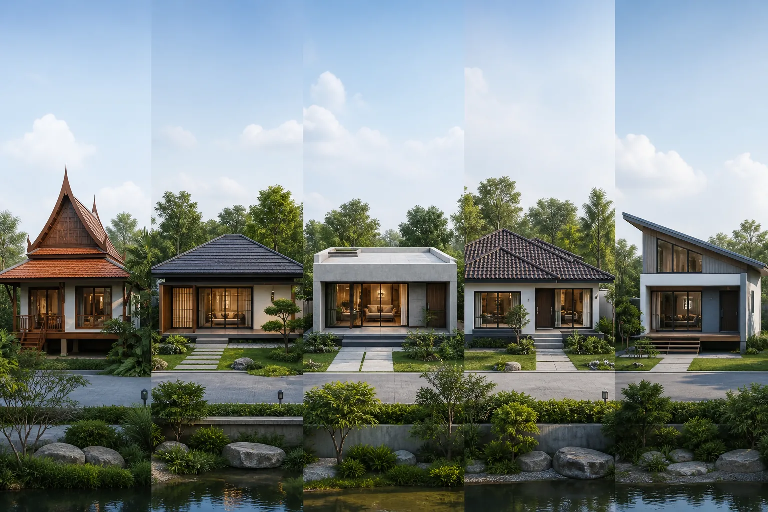 Nhà hiện đại với hệ mái dốc lớn và lam gỗ che nắng